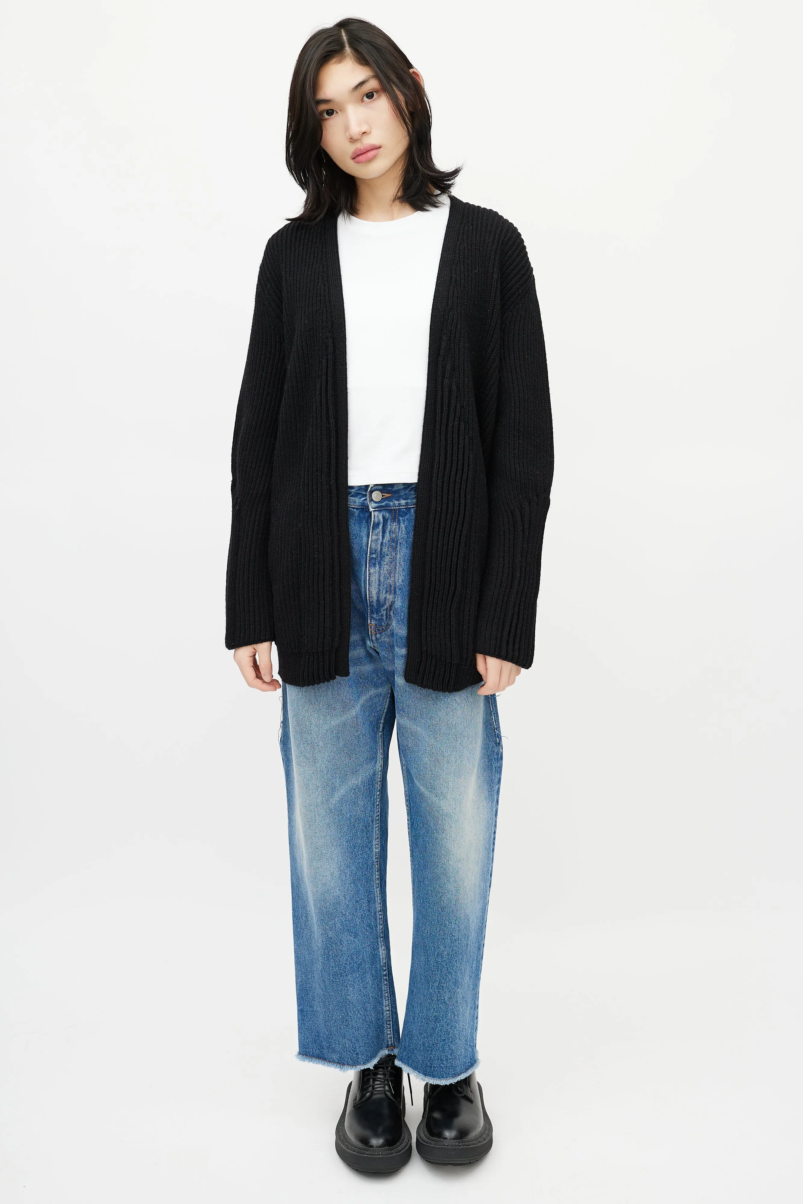 Black Ribbed Knit Belted Wrap Cardigan
