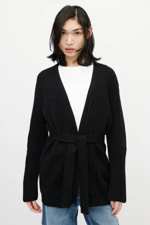 Black Ribbed Knit Belted Wrap Cardigan