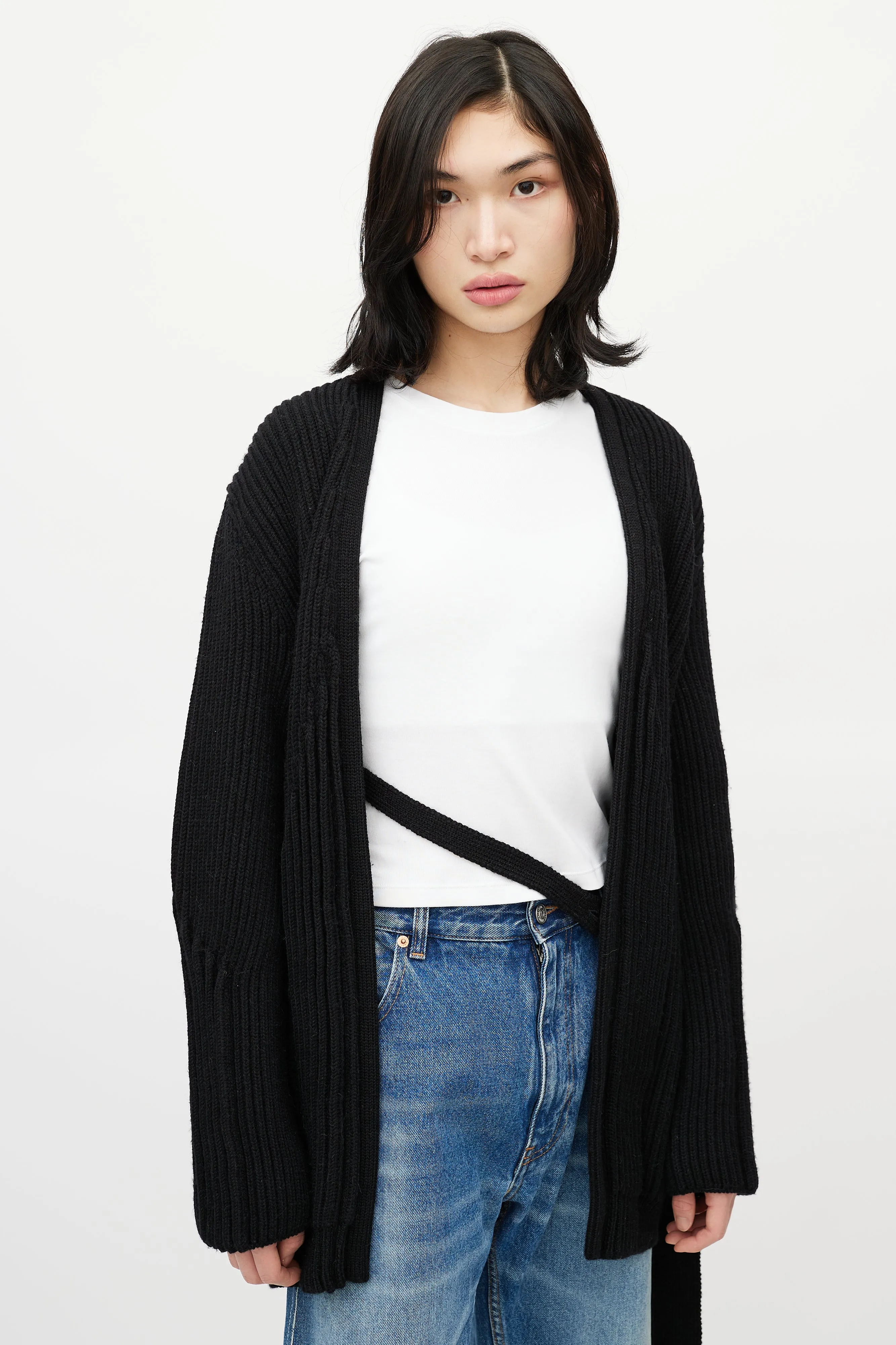 Black Ribbed Knit Belted Wrap Cardigan