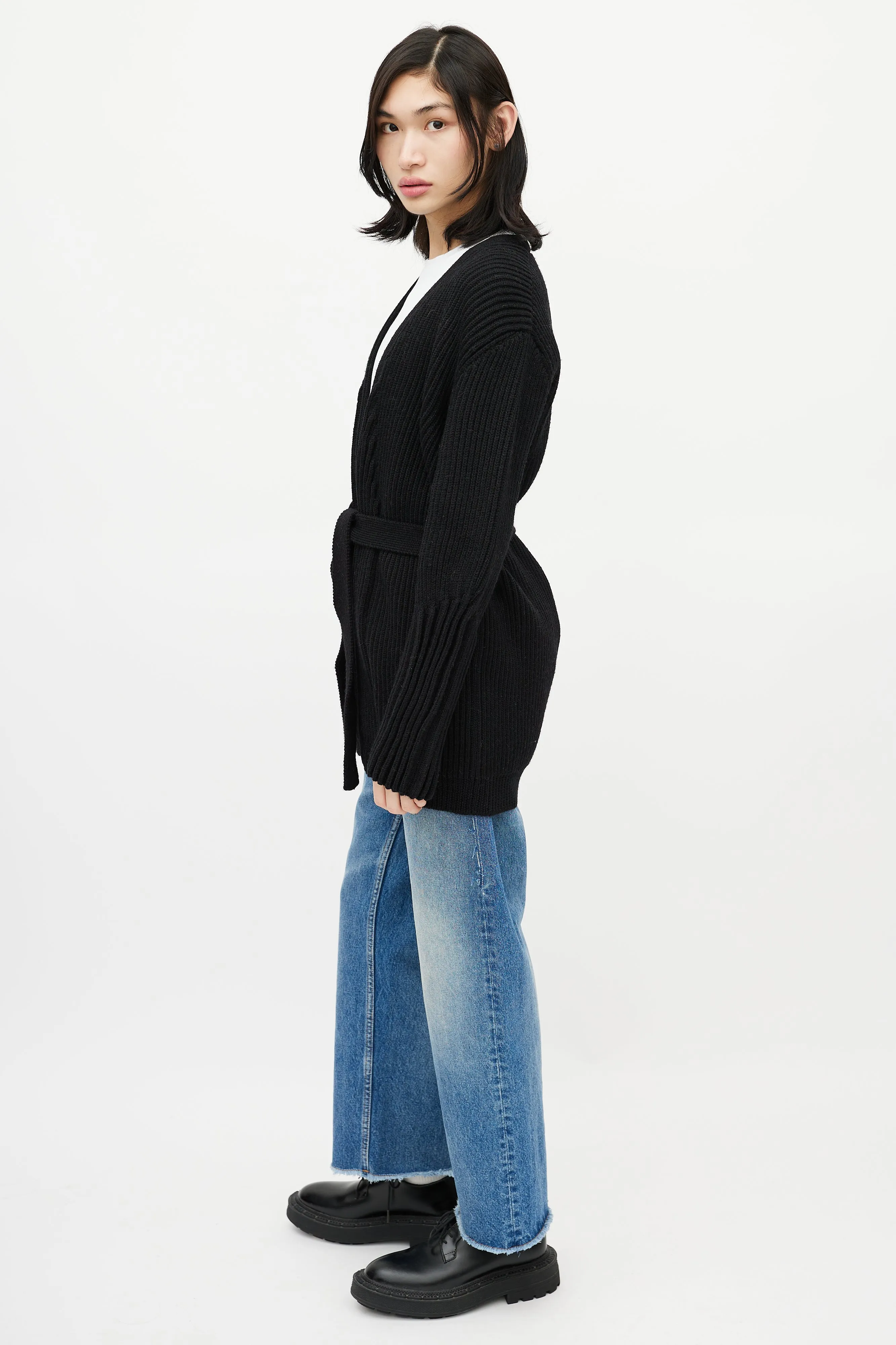 Black Ribbed Knit Belted Wrap Cardigan