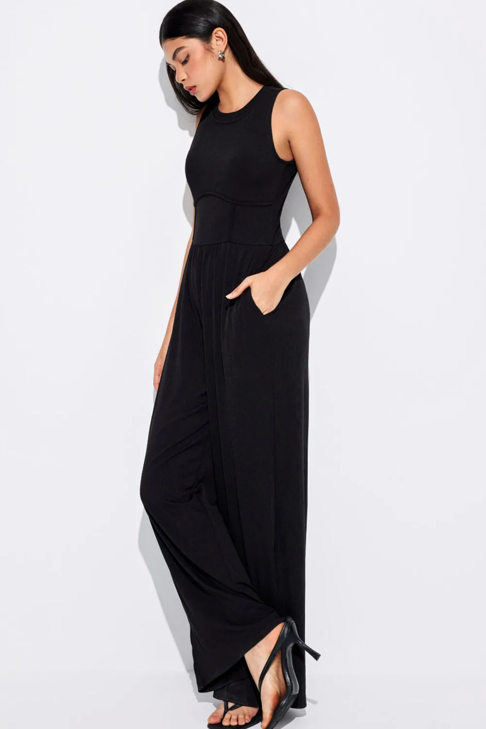Black Sleeveless High Wasit Wide Leg Jumpsuit