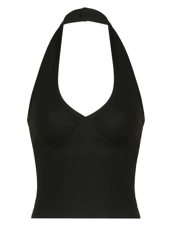 Black Vintage Deep V Neck Halter Crop Top