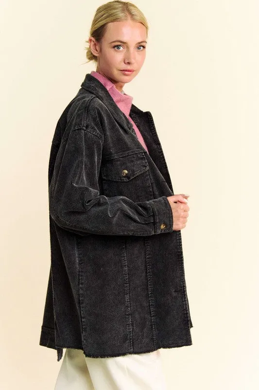 Black Washed Look Corduroy Raw Hem Button Up Jacket