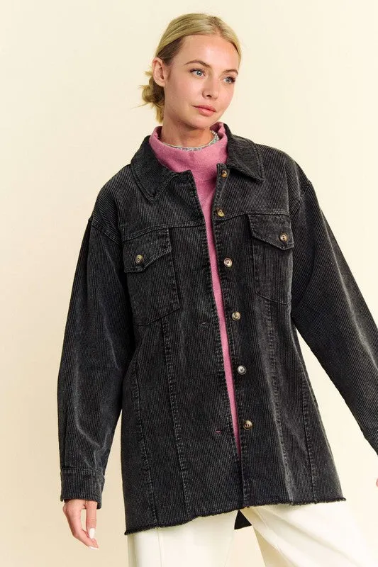Black Washed Look Corduroy Raw Hem Button Up Jacket