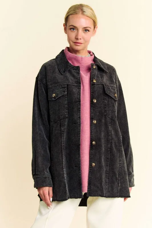 Black Washed Look Corduroy Raw Hem Button Up Jacket