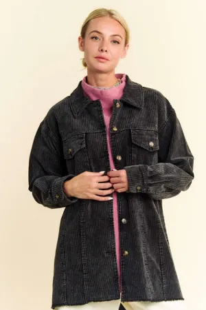Black Washed Look Corduroy Raw Hem Button Up Jacket