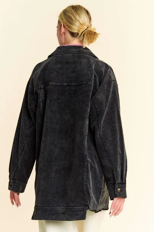 Black Washed Look Corduroy Raw Hem Button Up Jacket