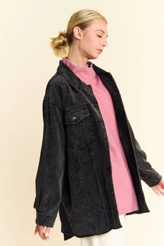 Black Washed Look Corduroy Raw Hem Button Up Jacket