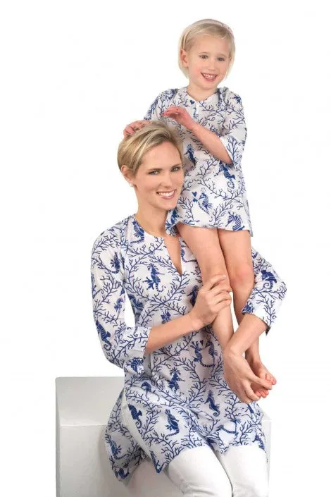Blue & White Seahorse Girls Tunic