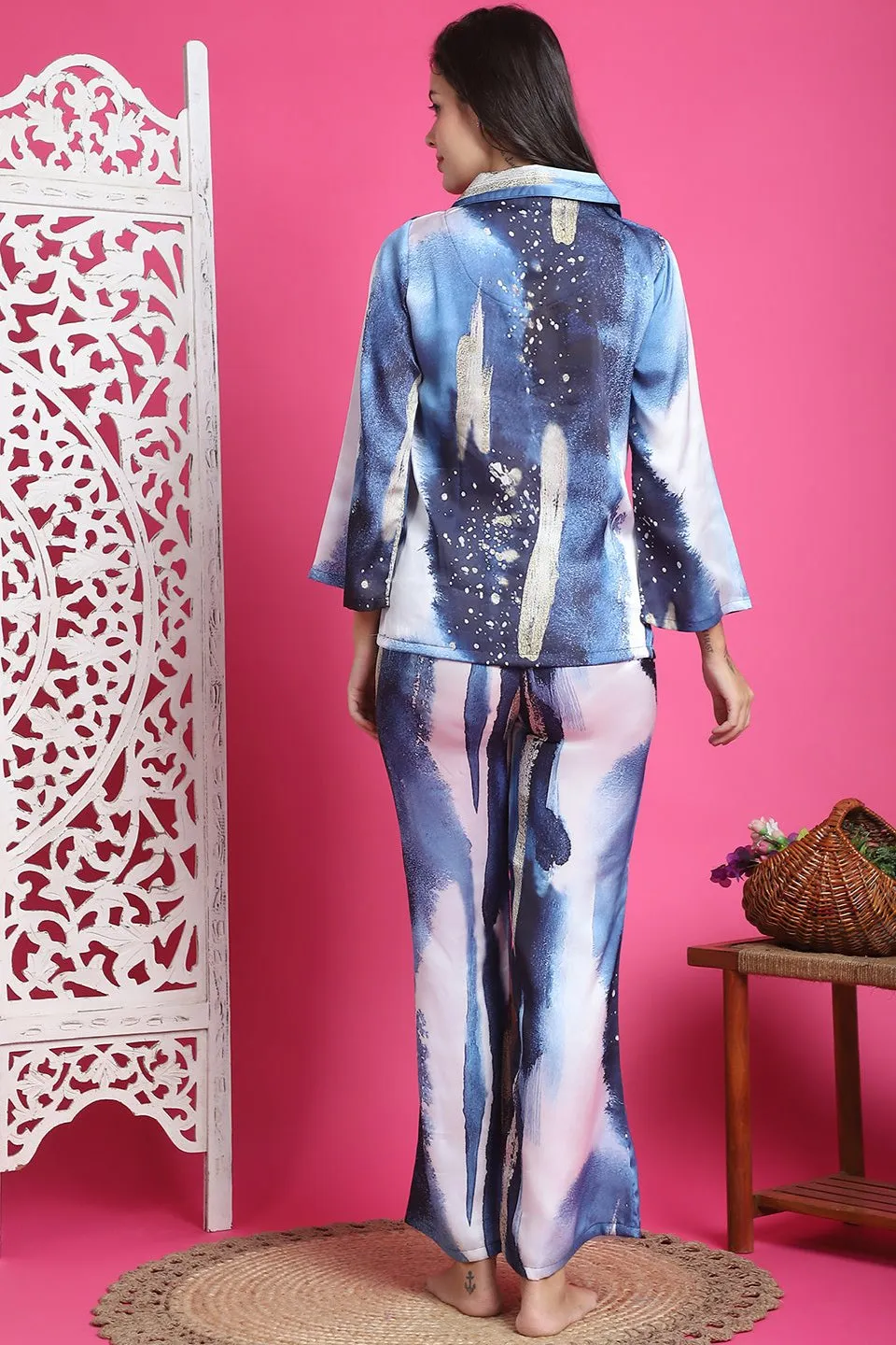 Blue Color Tie and Dye Printed Satin Silk  Night Suit for Women | S-XXL | Claura