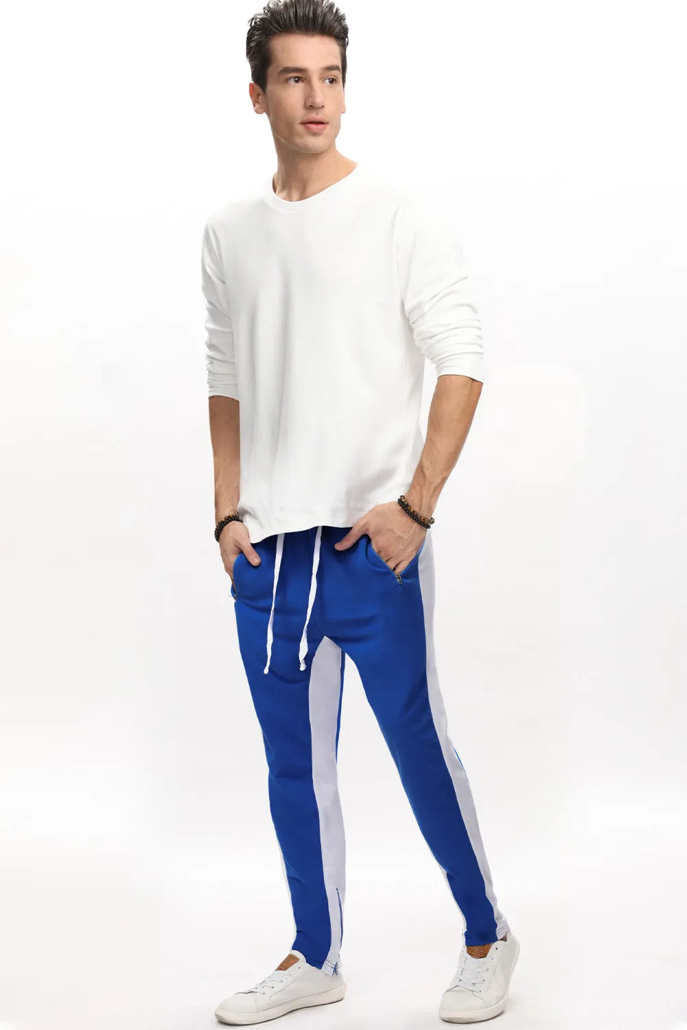 Blue Colorblock Patchwork Zipper Casual Mens Joggers