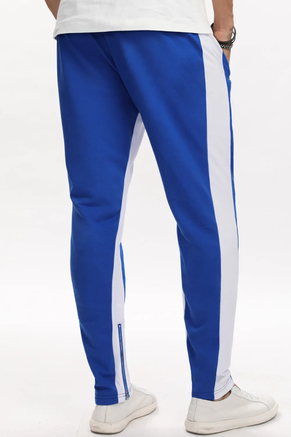 Blue Colorblock Patchwork Zipper Casual Mens Joggers