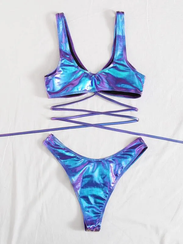 Blue Lagoon Metallic High Cut Swimsuit