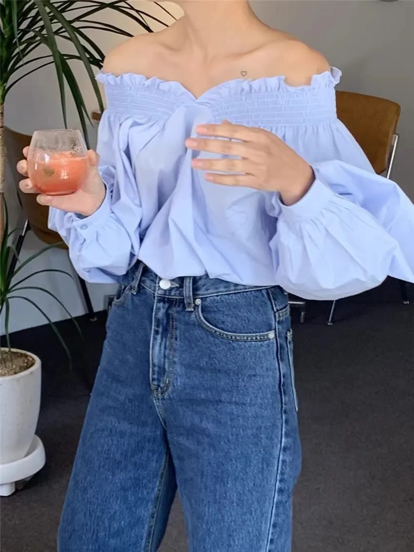 Blue Off-Shoulder Solid Blouse