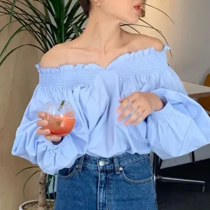 Blue Off-Shoulder Solid Blouse