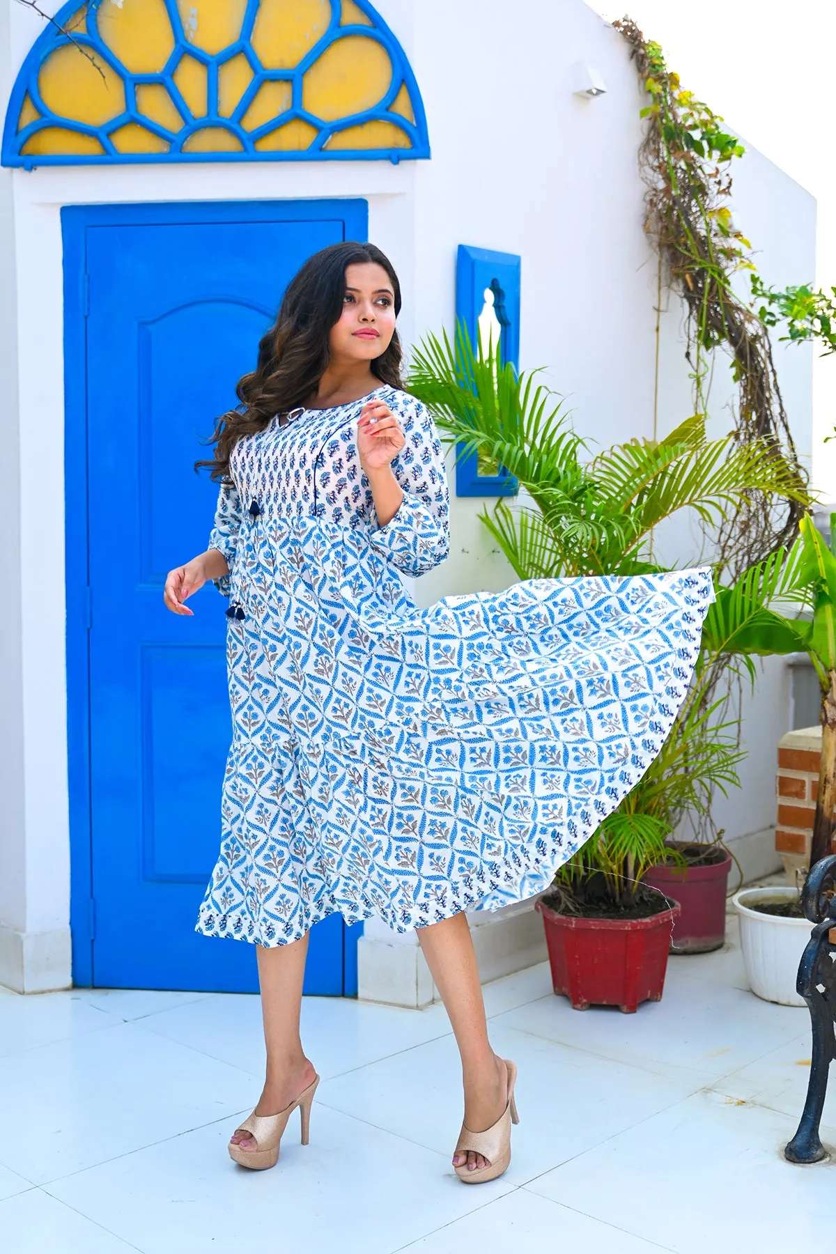 Blue Pure Cotton Flared Dress