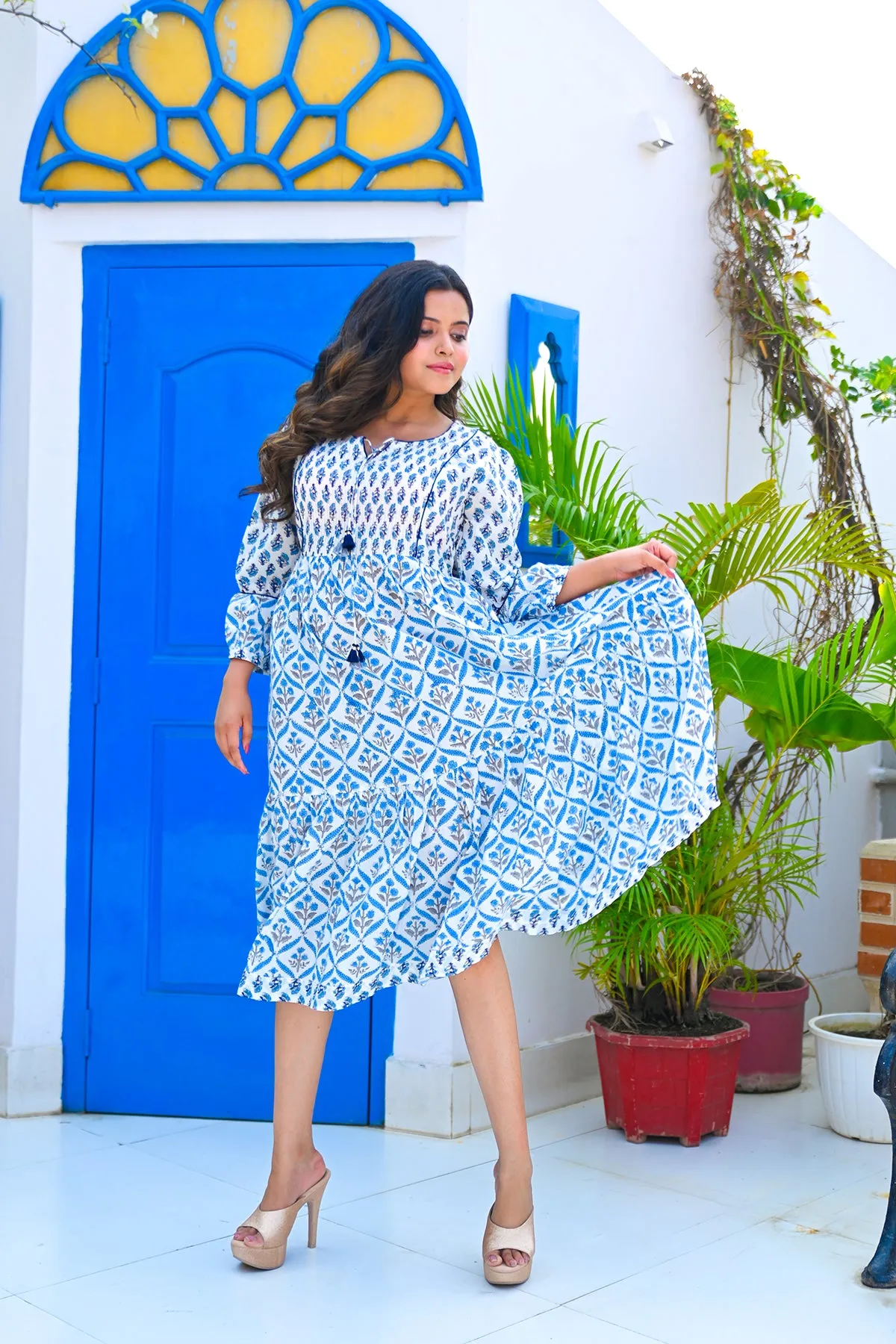 Blue Pure Cotton Flared Dress