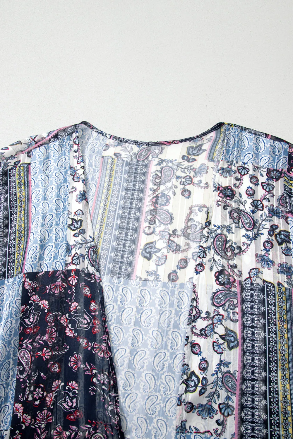 Blue Retro Floral Print Long Loose Open Front Kimono