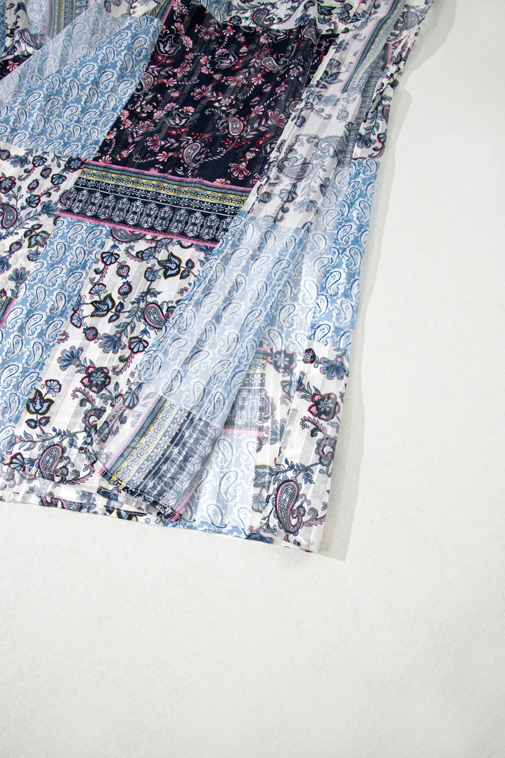 Blue Retro Floral Print Long Loose Open Front Kimono