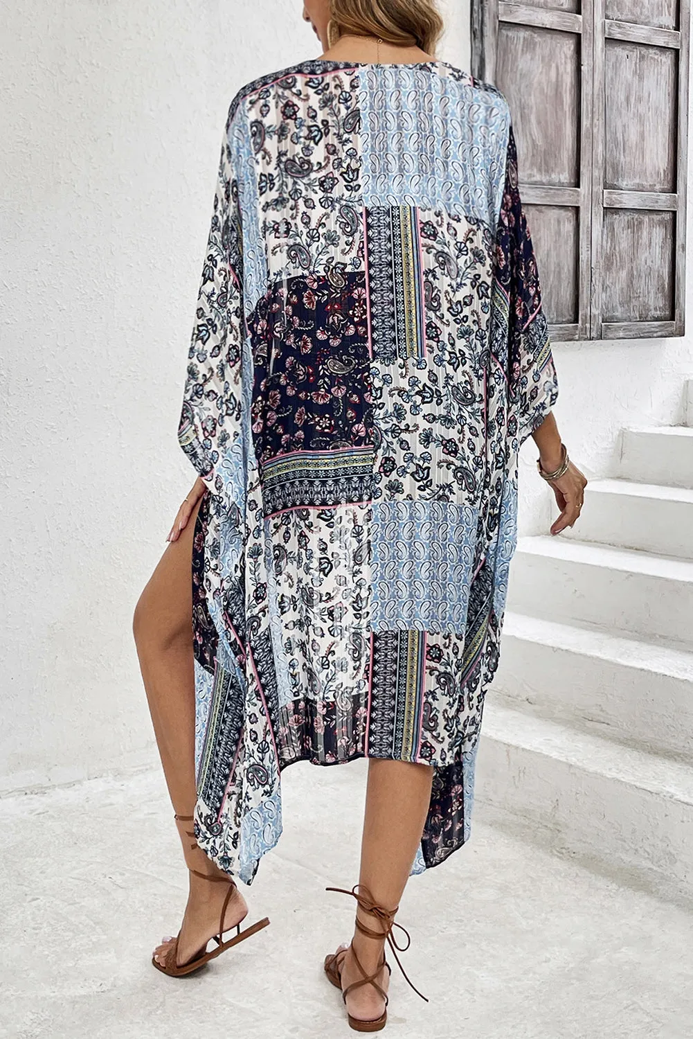 Blue Retro Floral Print Long Loose Open Front Kimono