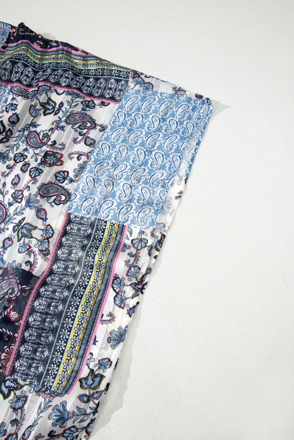 Blue Retro Floral Print Long Loose Open Front Kimono