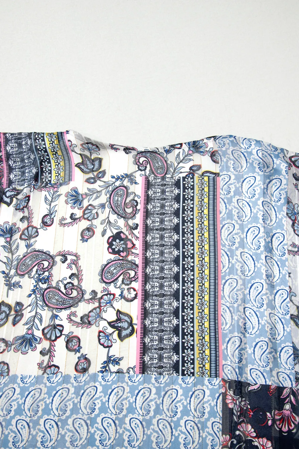 Blue Retro Floral Print Long Loose Open Front Kimono