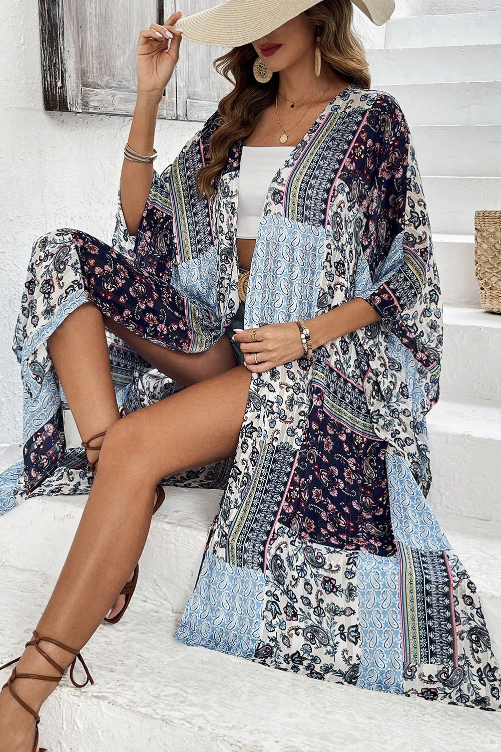 Blue Retro Floral Print Long Loose Open Front Kimono