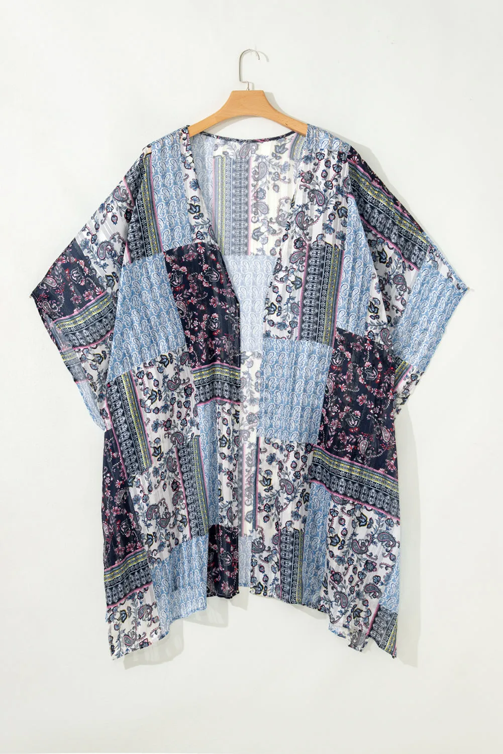 Blue Retro Floral Print Long Loose Open Front Kimono
