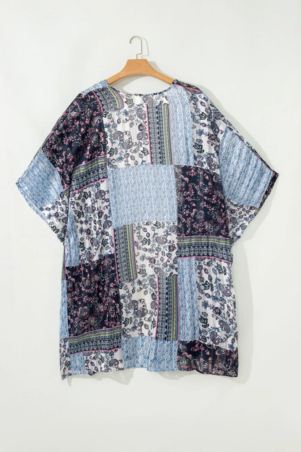 Blue Retro Floral Print Long Loose Open Front Kimono