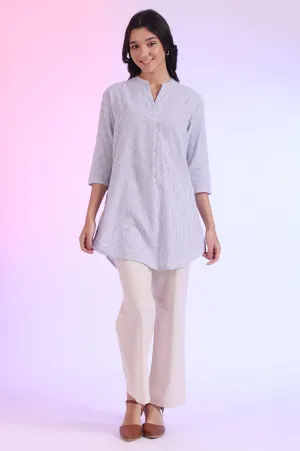 Blue Yarn Dyed Straight Cotton Blend Kurti