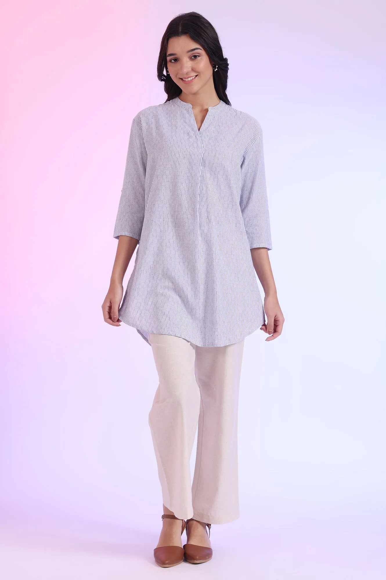 Blue Yarn Dyed Straight Cotton Blend Kurti