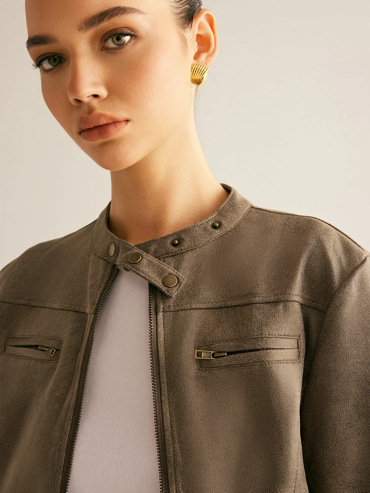 Boheme Button-Collar Zipper Jacket