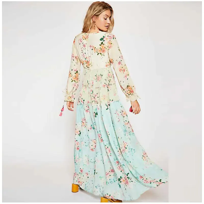 Bohemian Floral Patchwork Maxi Dress with Long Sleeves
