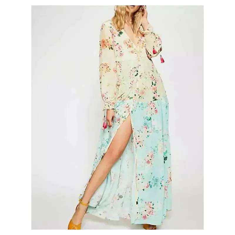 Bohemian Floral Patchwork Maxi Dress with Long Sleeves