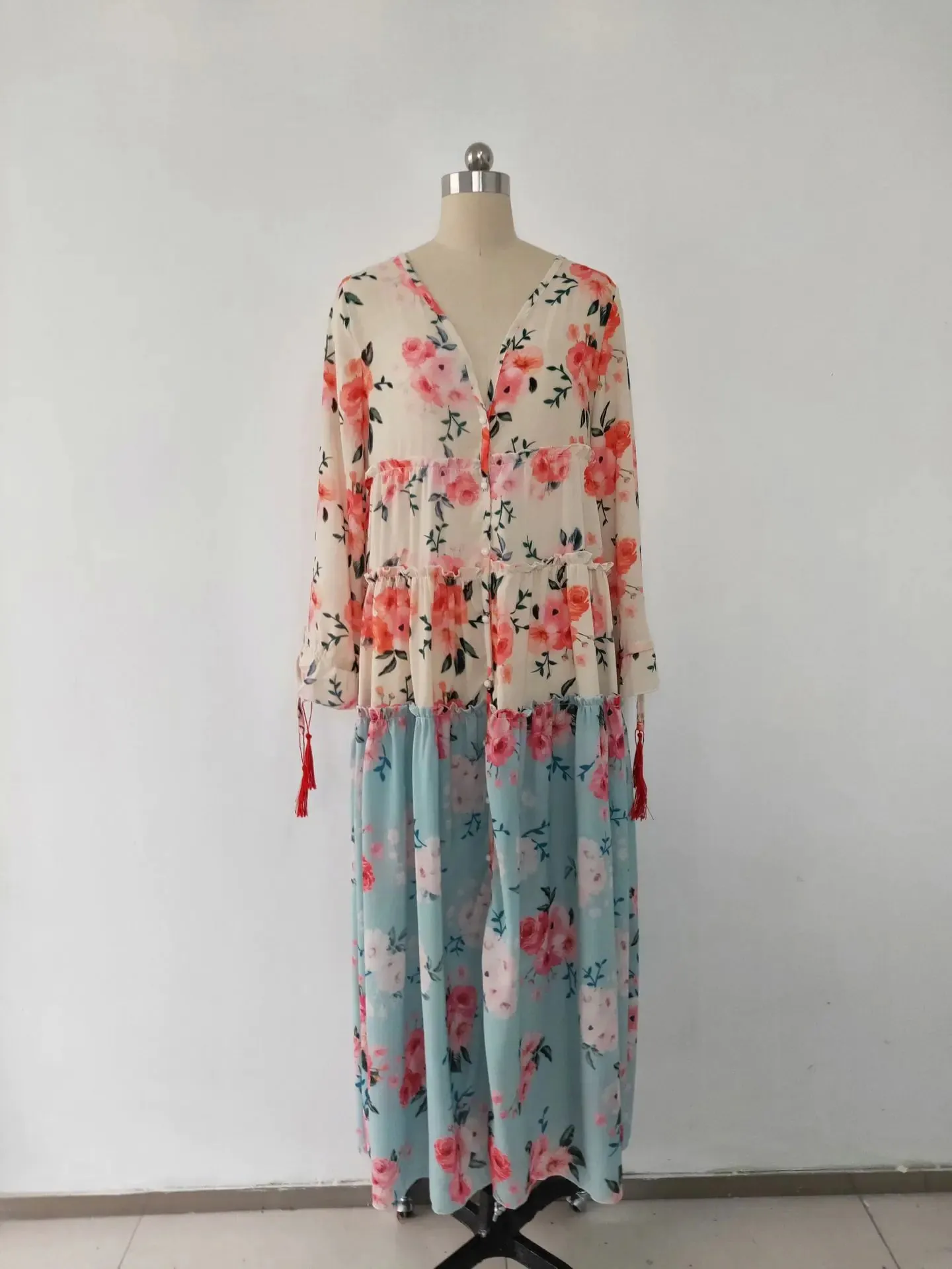 Bohemian Floral Patchwork Maxi Dress with Long Sleeves