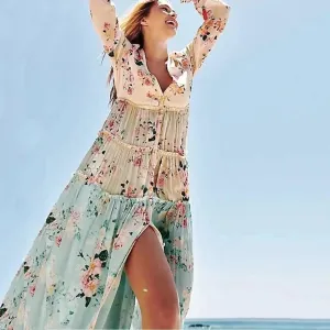 Bohemian Floral Patchwork Maxi Dress with Long Sleeves
