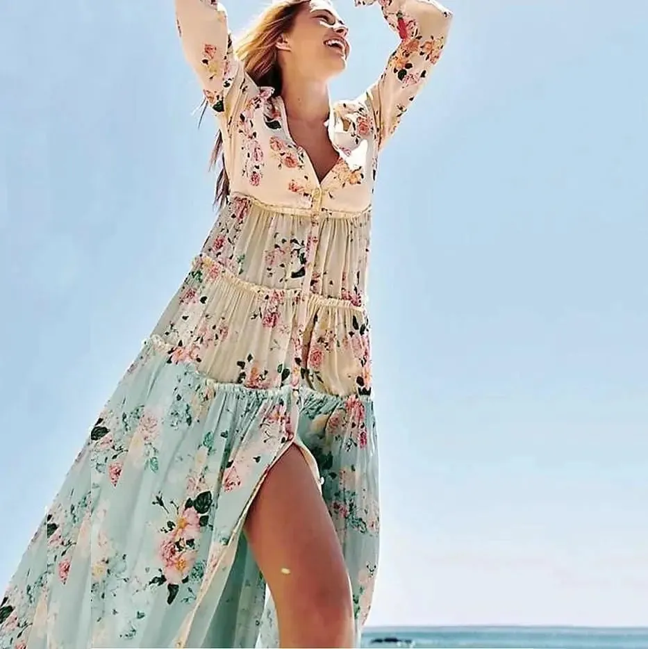 Bohemian Floral Patchwork Maxi Dress with Long Sleeves