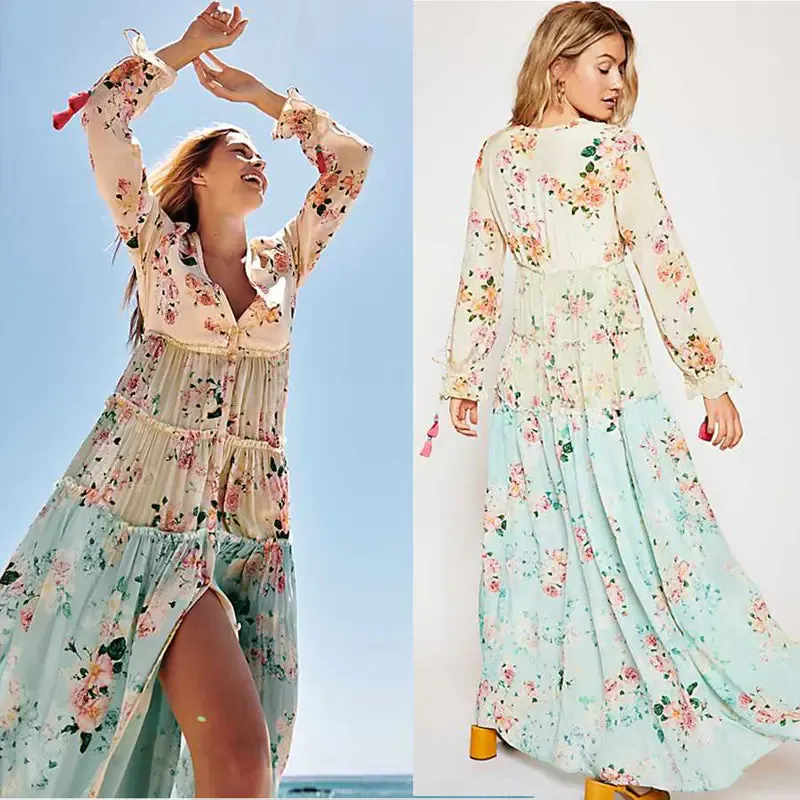 Bohemian Floral Patchwork Maxi Dress with Long Sleeves