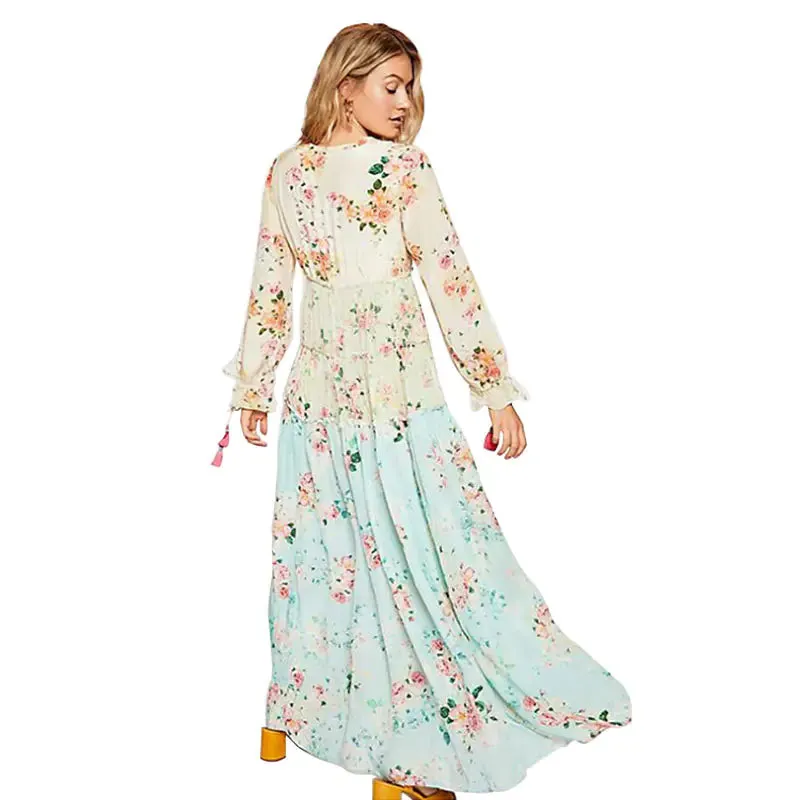 Bohemian Floral Patchwork Maxi Dress with Long Sleeves