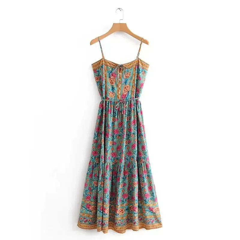 Bohemian Floral Sleeveless Maxi Dress with Belt