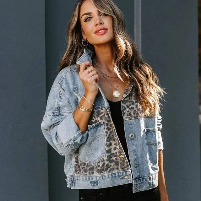 Bohemian Long Sleeve Leopard Print Denim Jacket