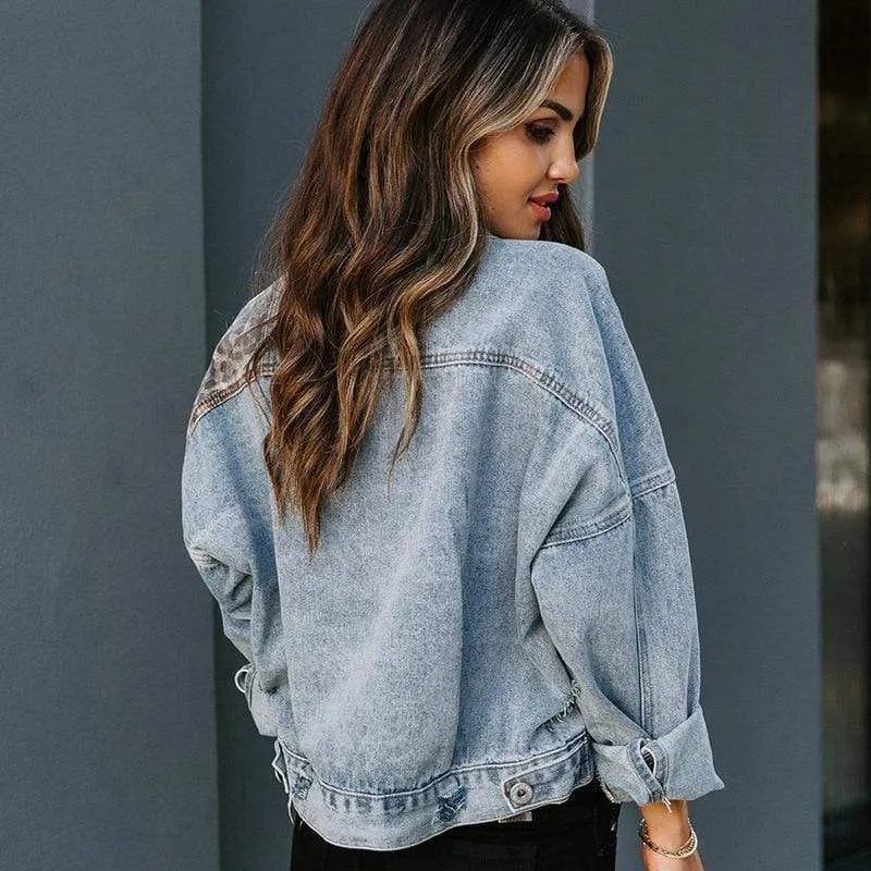 Bohemian Long Sleeve Leopard Print Denim Jacket