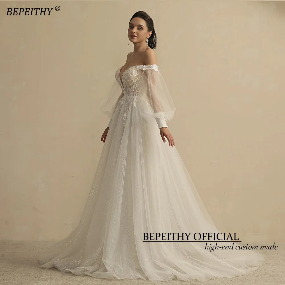 Boho Ivory Wedding Dresses For Women Bride Deep Neck Full Sleeves