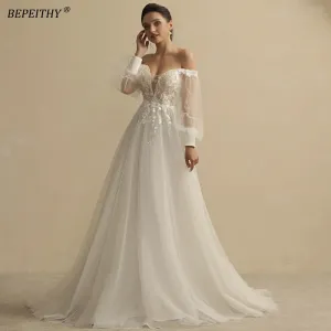 Boho Ivory Wedding Dresses For Women Bride Deep Neck Full Sleeves