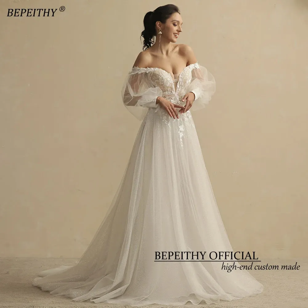 Boho Ivory Wedding Dresses For Women Bride Deep Neck Full Sleeves