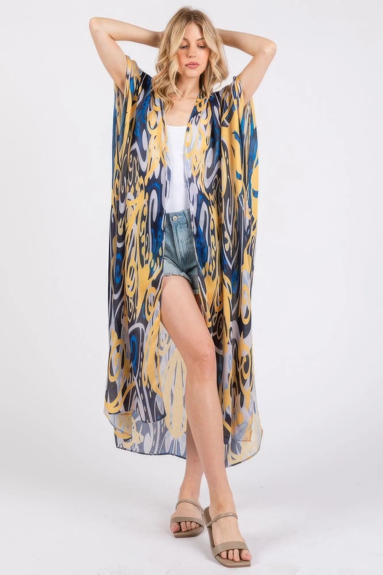 Boho Print Open Front Long Kimono