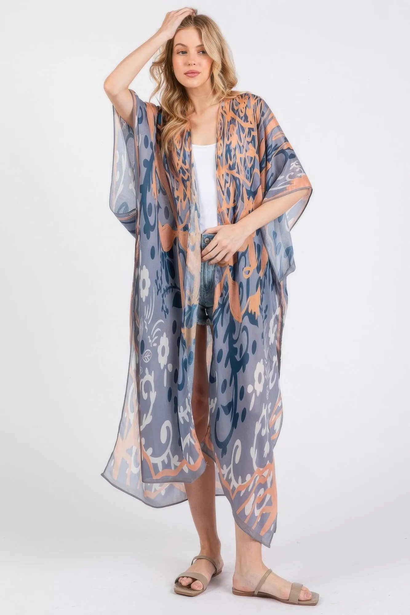 Boho Print Open Front Long Kimono