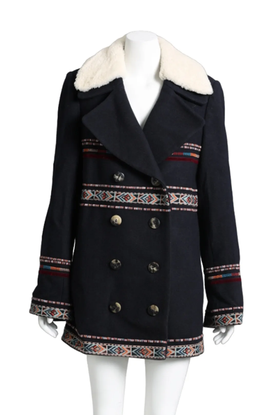 Boho Style Double Breasted Winter Coat in Navy