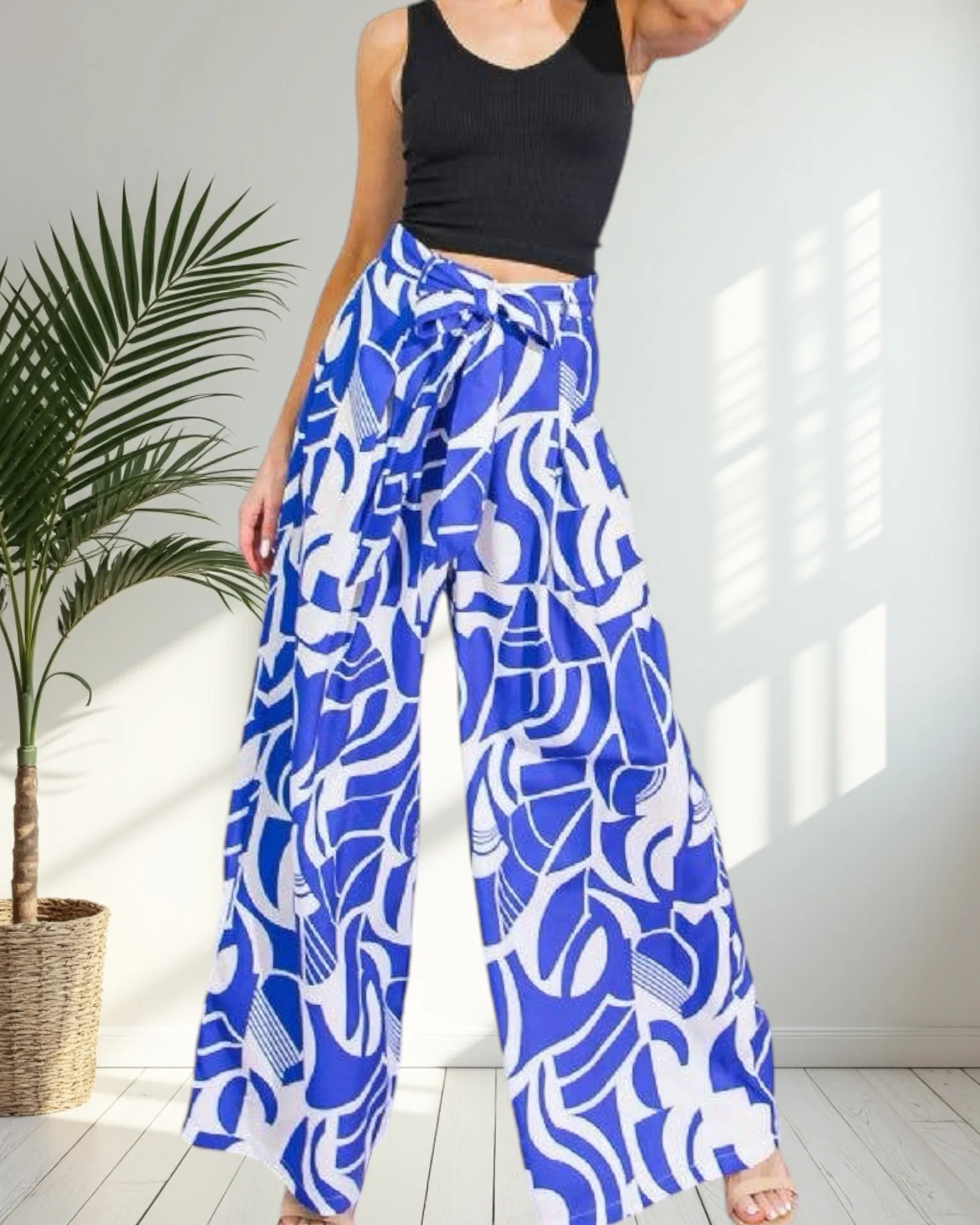 Bold Blue Abstract Wide- Leg Pants