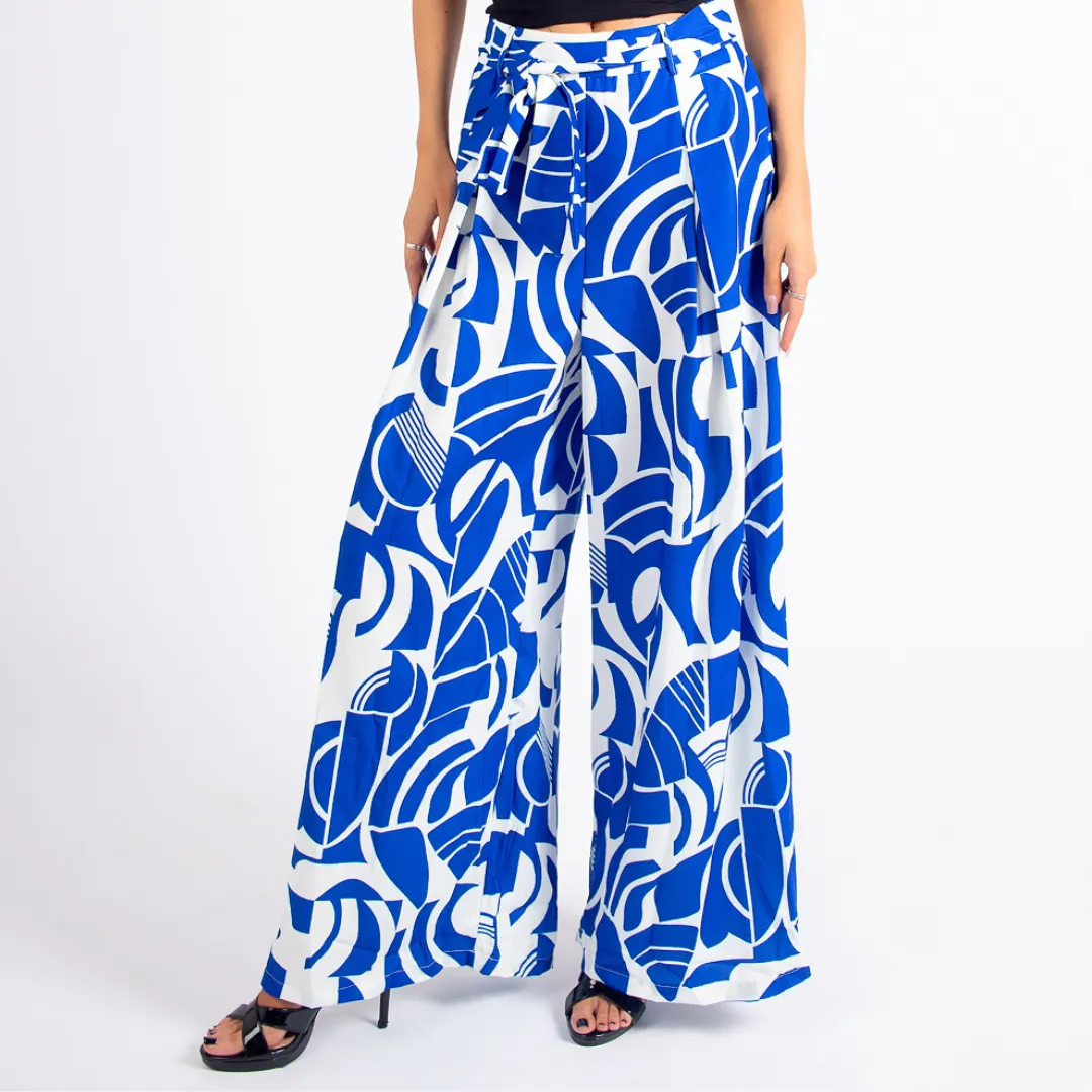 Bold Blue Abstract Wide- Leg Pants